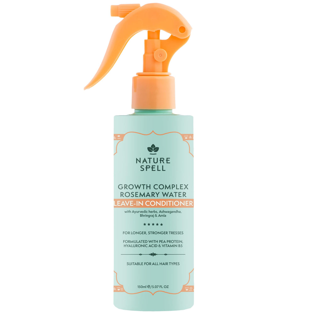 Nature Spell Rosemary Water Leave-In Conditioner bottle promotes detangling and radiant shine