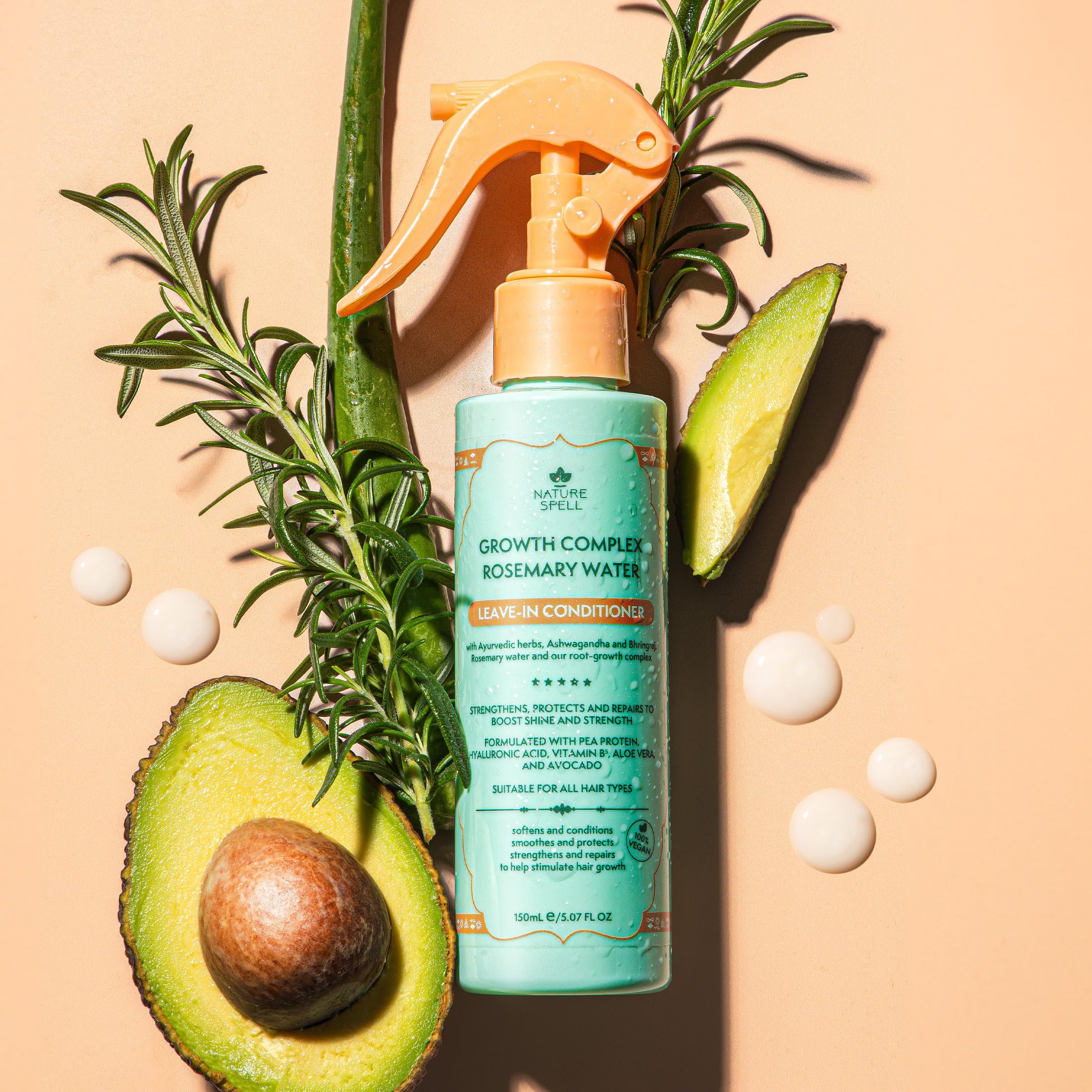 Nature Spell Rosemary Water Leave-In Conditioner ingredients close-up shows bhringraj oil for strength