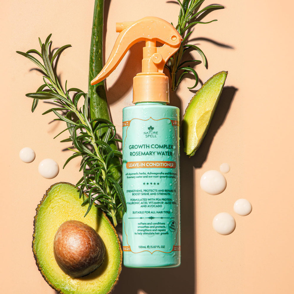 Nature Spell Rosemary Water Leave-In Conditioner ingredients close-up shows bhringraj oil for strength