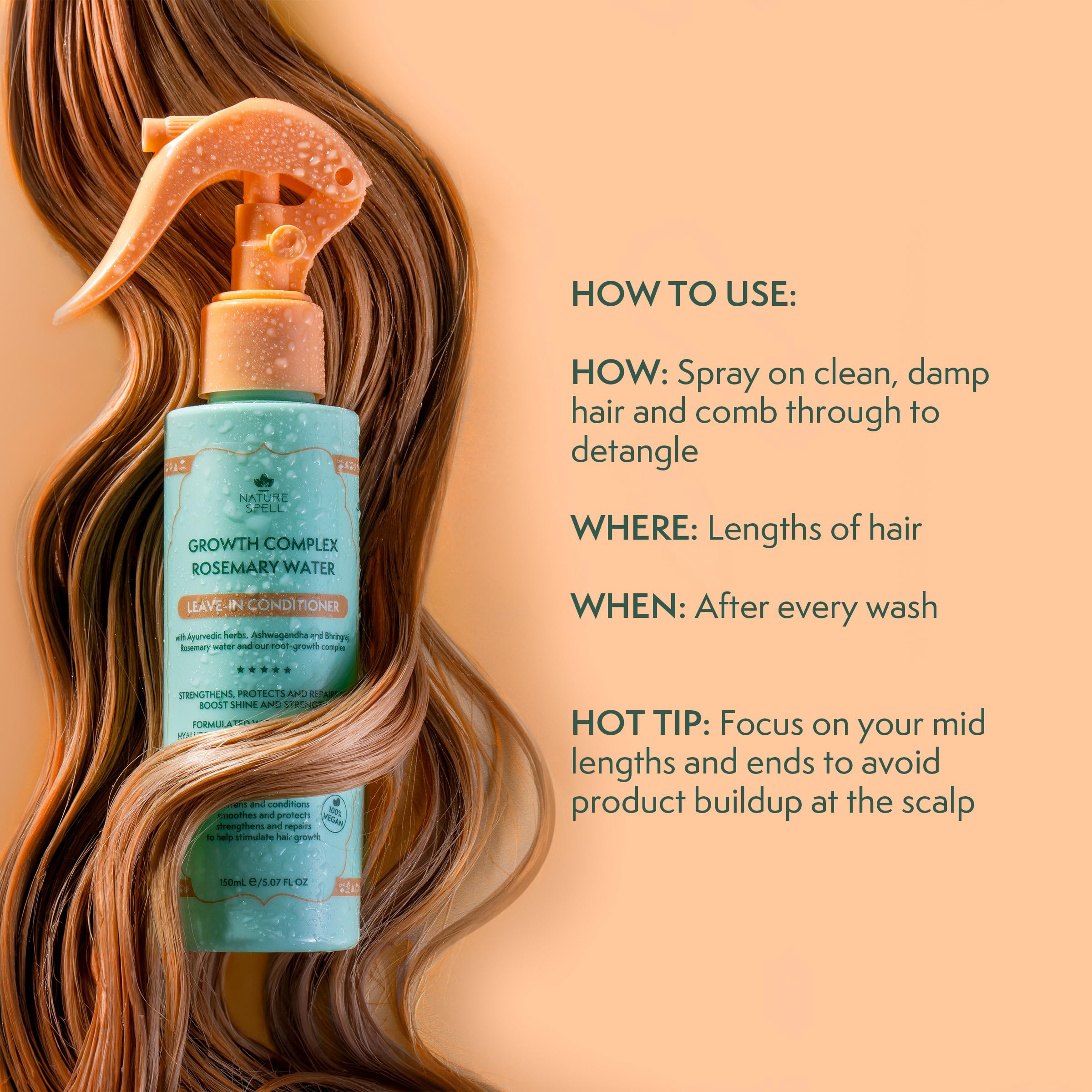 Nature Spell Rosemary Water Leave-In Conditioner ingredients close-up highlights nourishing rosemary water