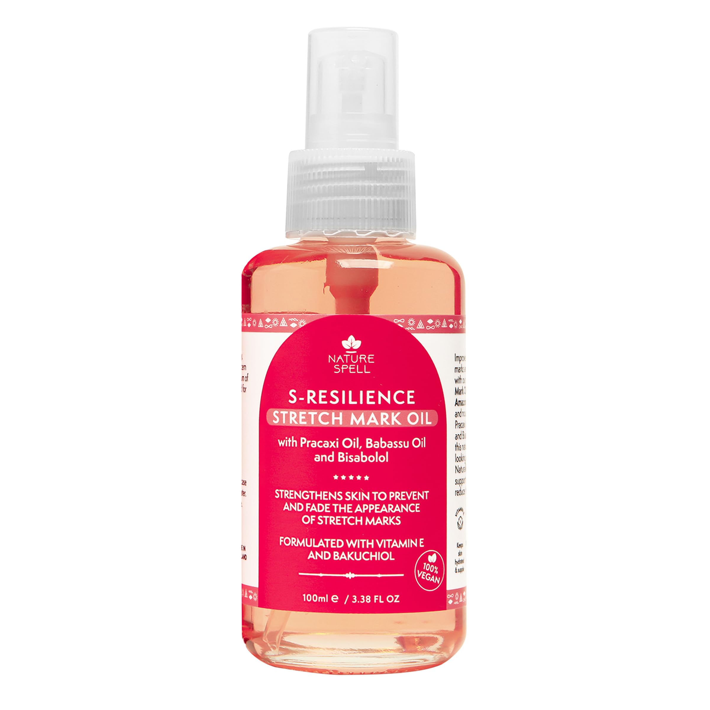 Nature Spell Stretch Mark Oil bottle closeup for smoother skin