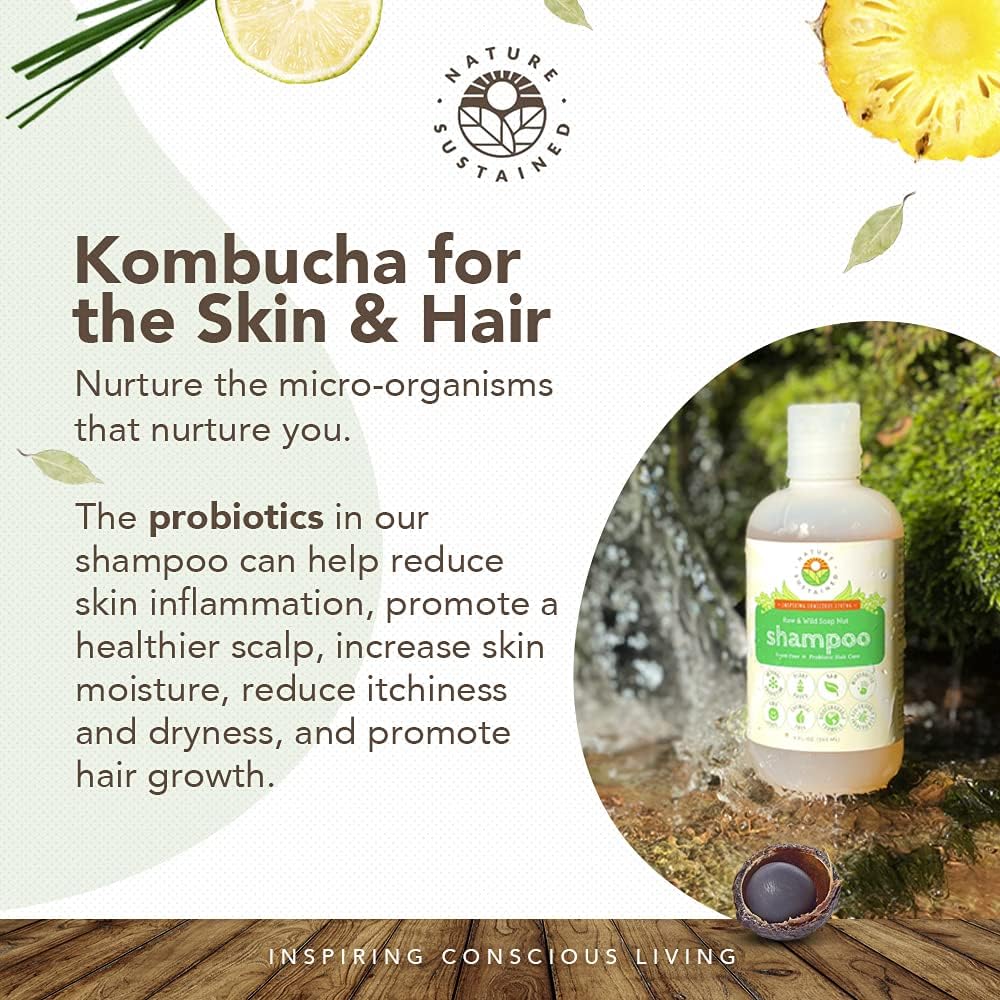 Nature Sustained probiotic fermentation jar shows vegan probiotics aiding scalp balance.