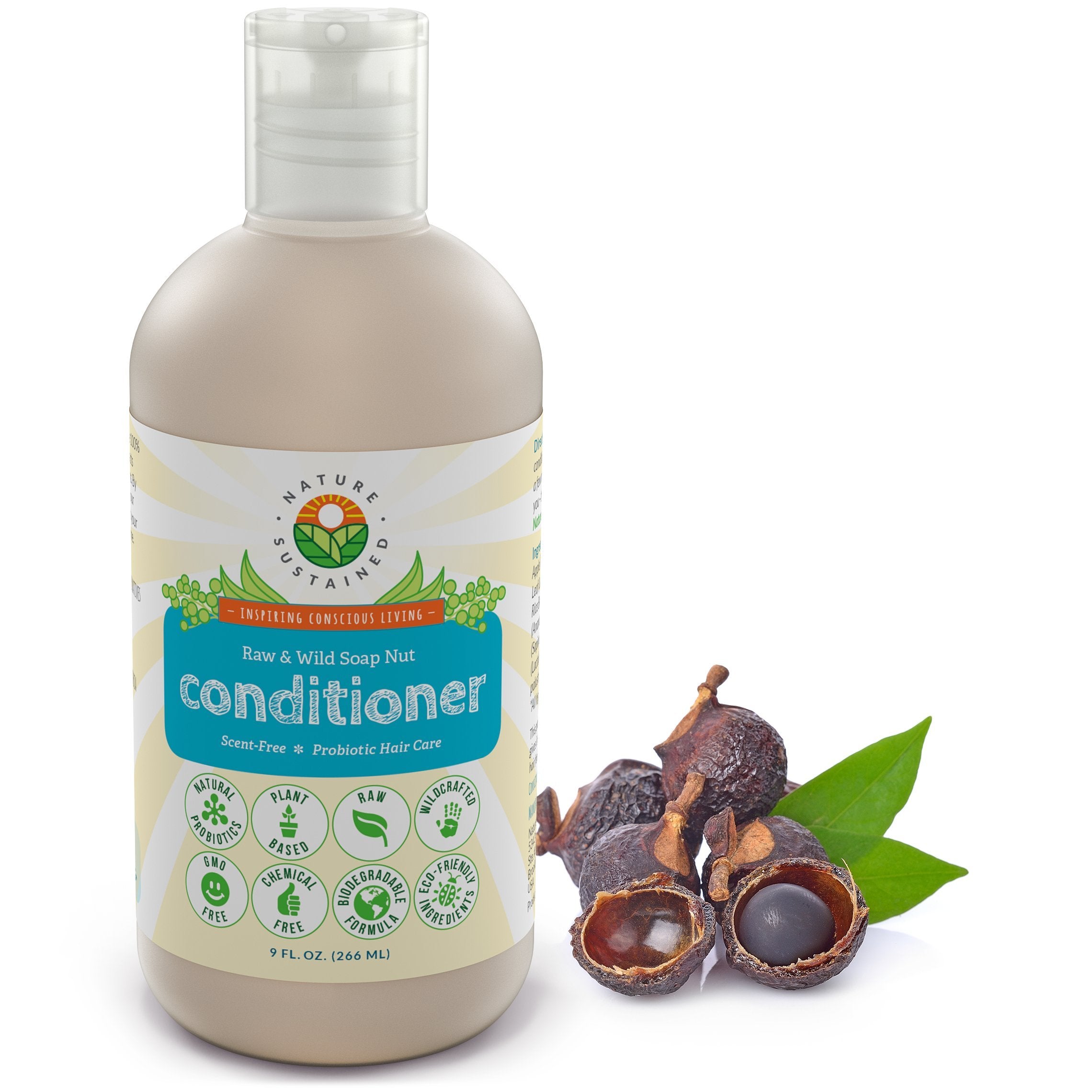 Nature Sustained conditioner bottle shows fragrance-free hydration for sensitive hair.