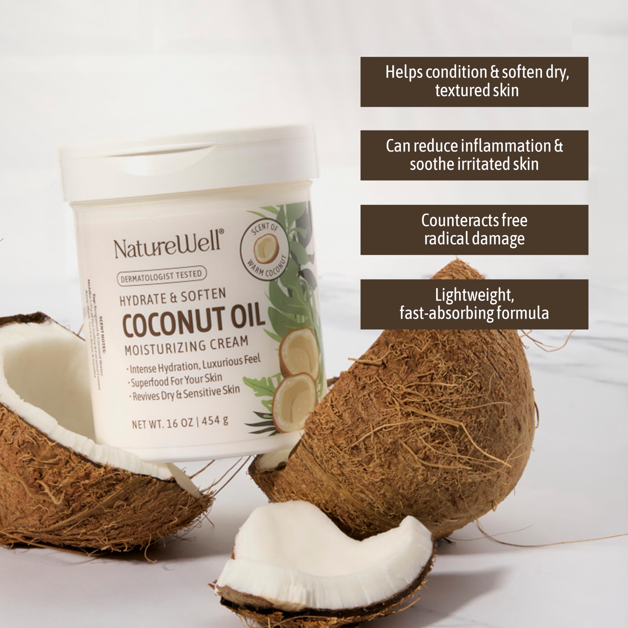 Nature Well coconut oil ingredient closeup highlighting nourishing antioxidants for skin.
