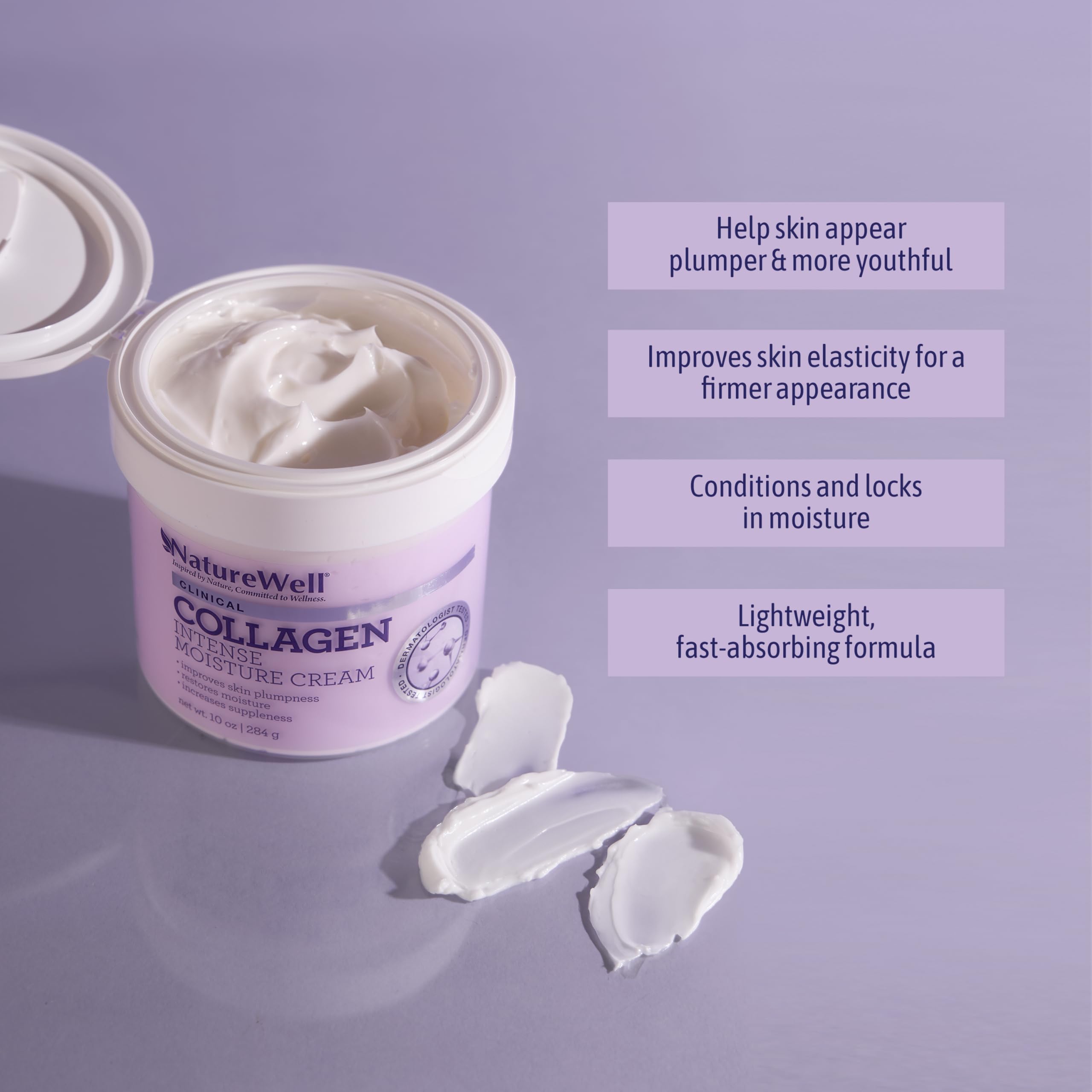 Nature Well collagen peptide cream texture swatch showing smoothing and softness.