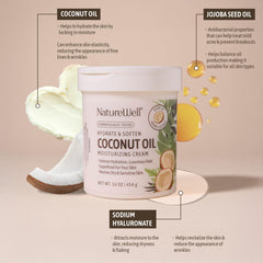 NatureWell Hydrate & Soften Coconut Oil Cream on bathroom counter for daily body nourishment and quick hydration.