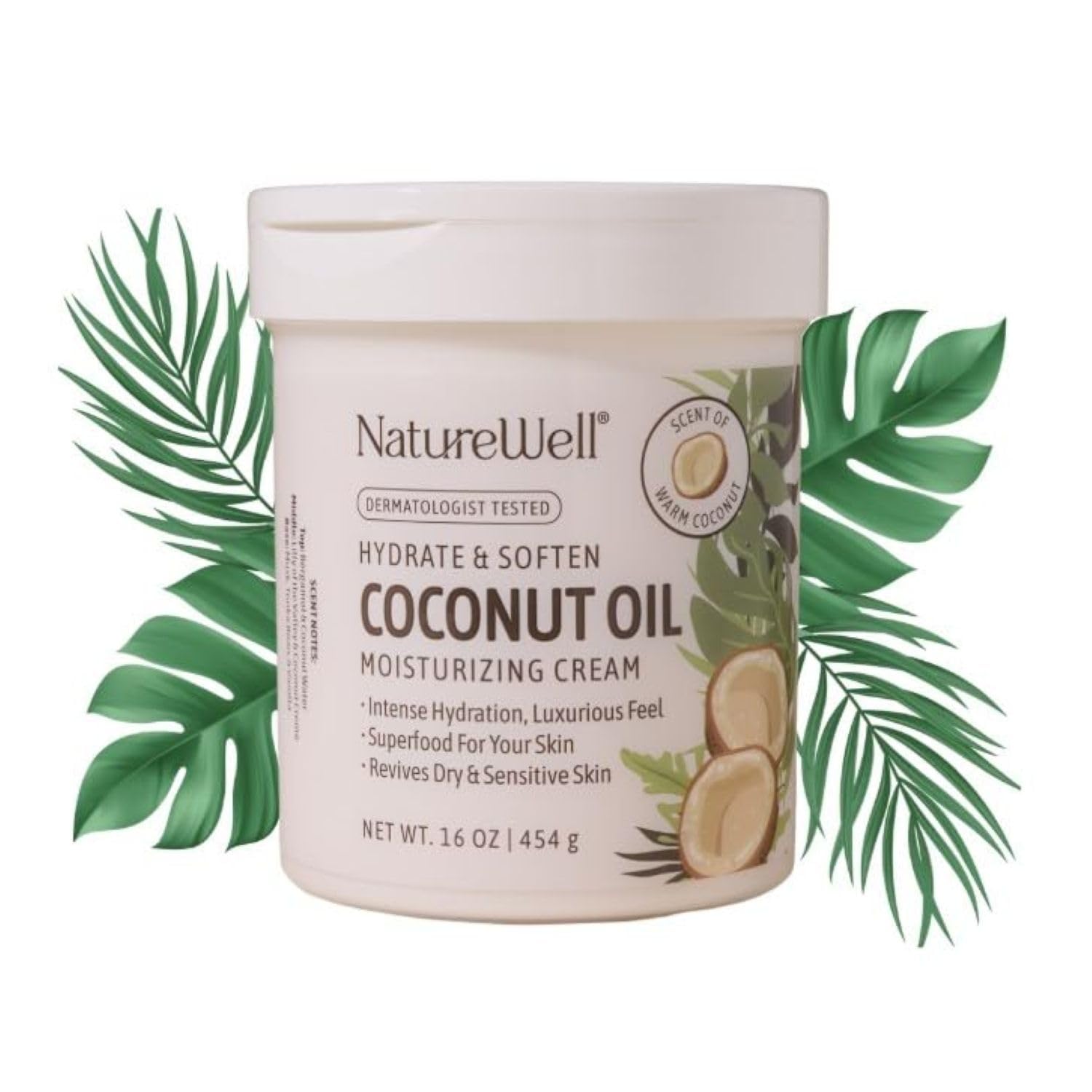 NatureWell Hydrate & Soften Coconut Oil Cream on the face for deep hydration and silky skin.