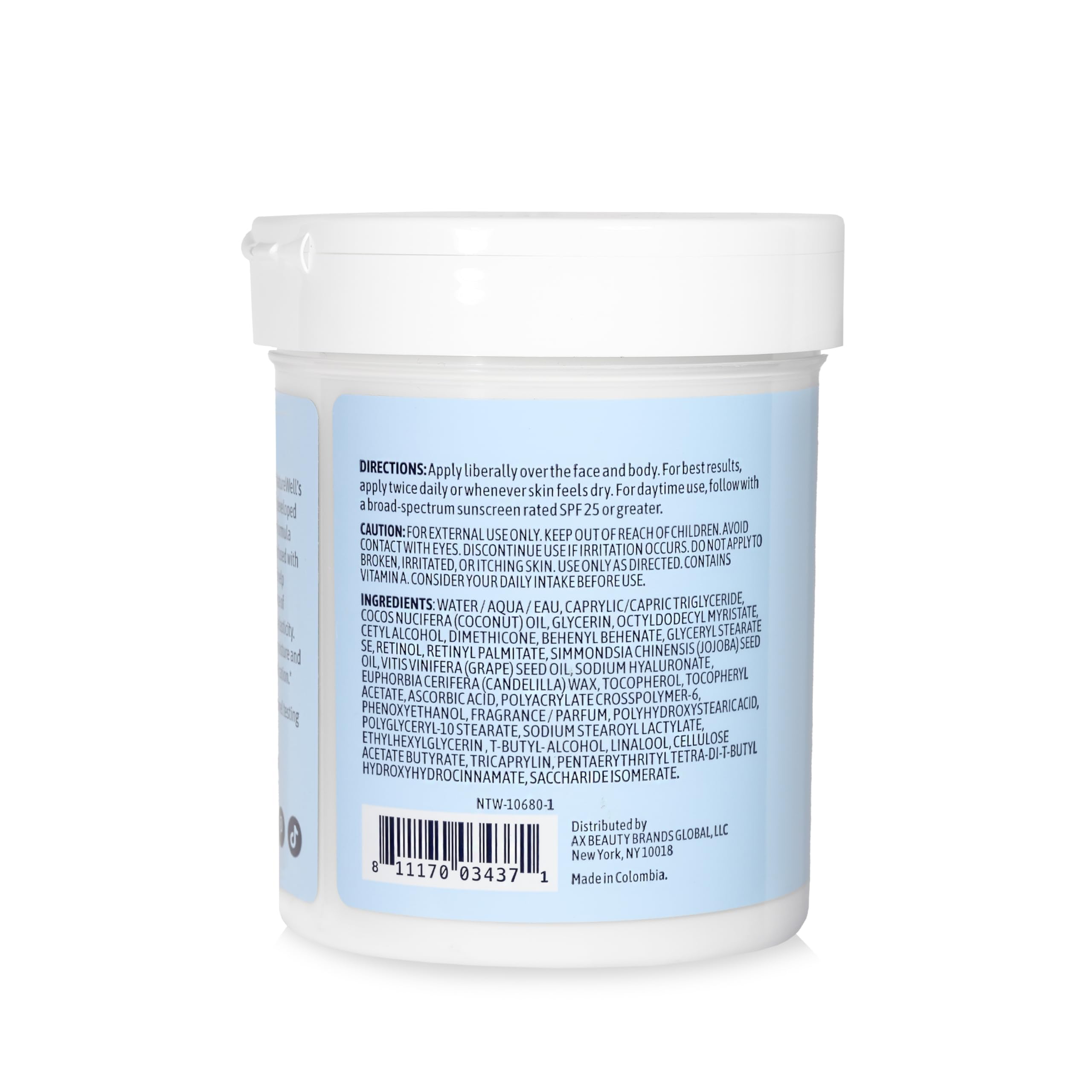 Nature Well retinol cream bottle close-up highlights hydrating, age-defying formula.