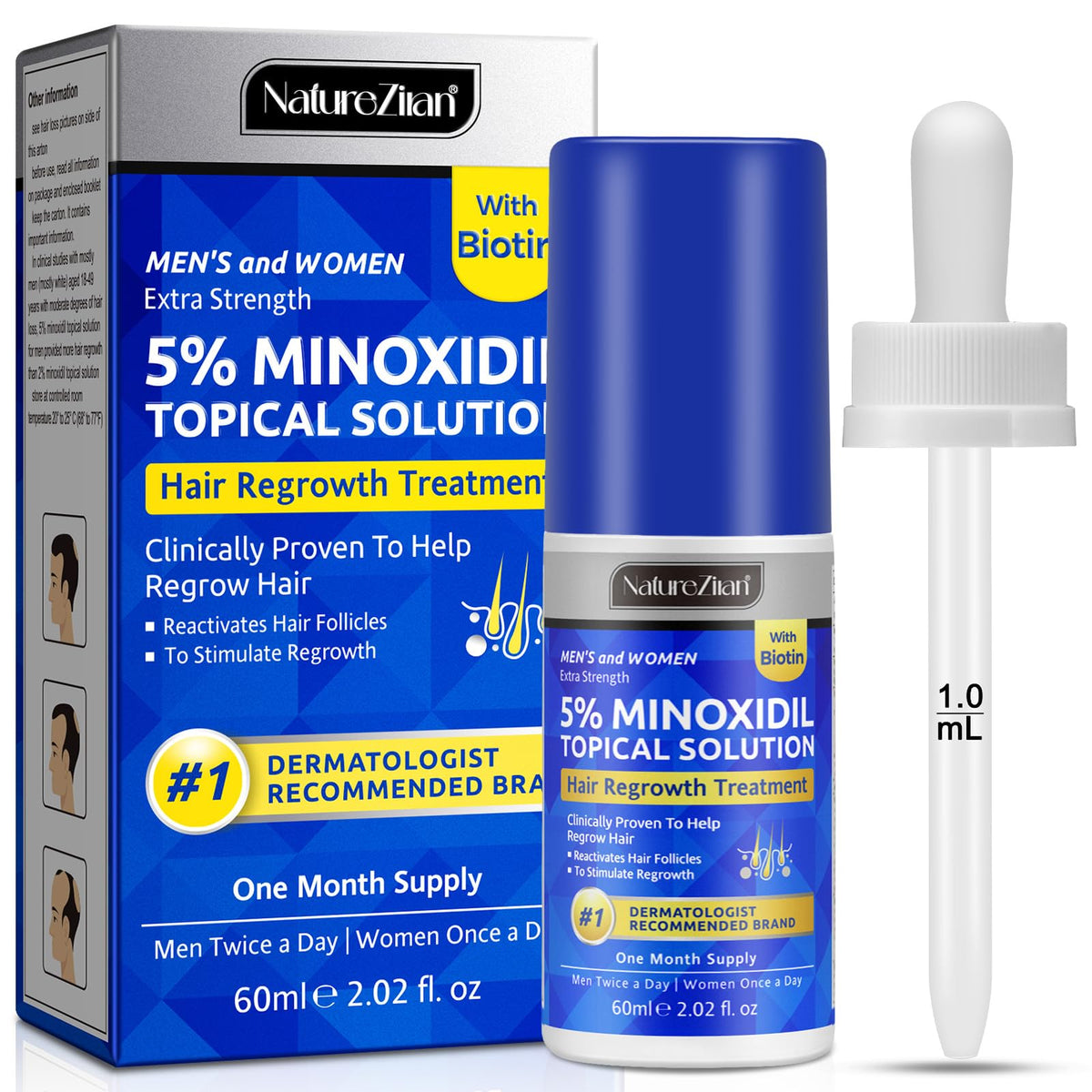 Nature Ziran Minoxidil bottle 5% provides scalp support.