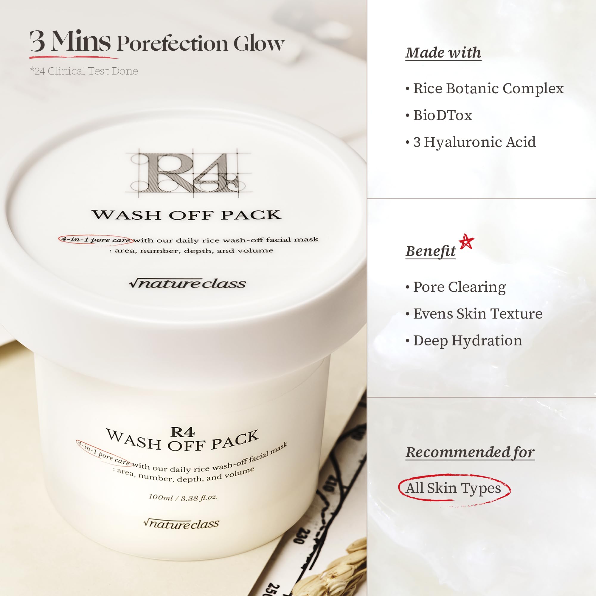 NatureClass R4 Rice Wash Off Mask cream texture showing soothing hydration