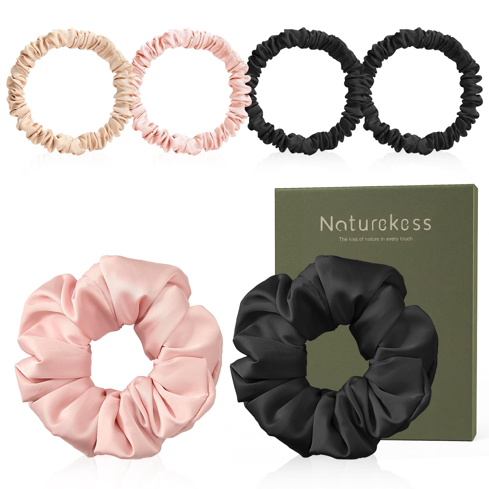 NatureKess large black silk scrunchie: smooth surface reduces frizz and breakage