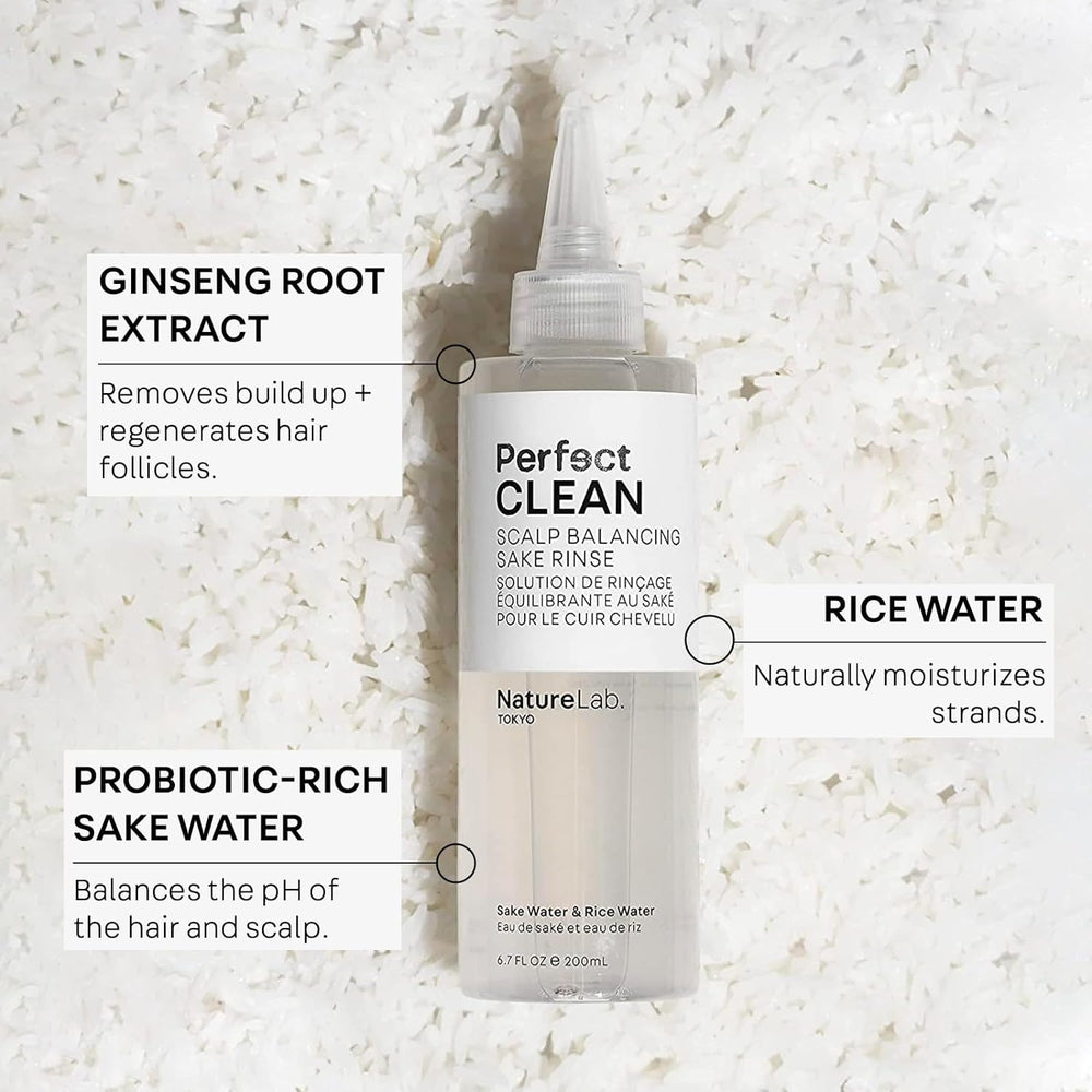 NatureLab.TOKYO Perfect Clean Sake Rinse apply to scalp for refreshed feel.