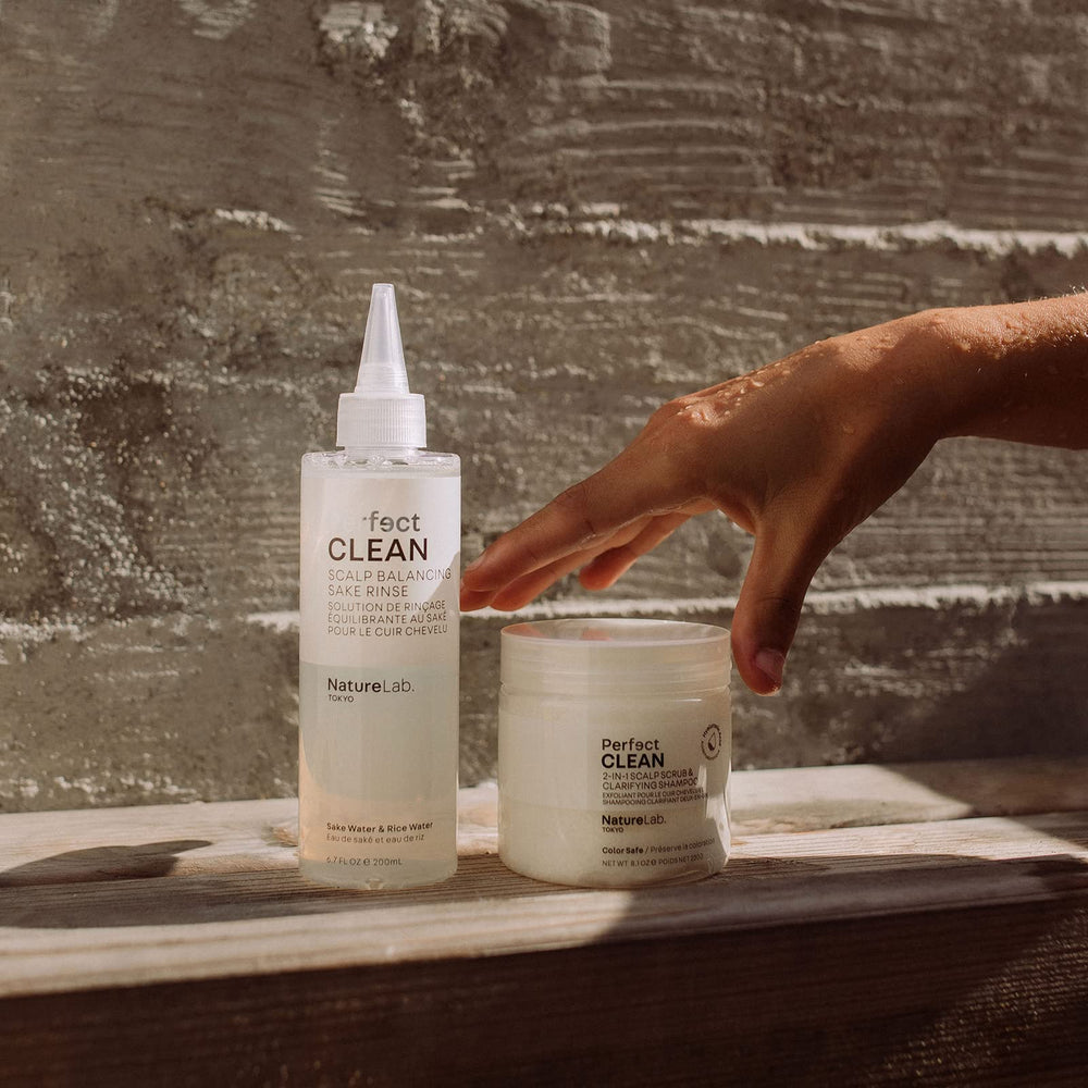 NatureLab.TOKYO Perfect Clean Sake Rinse packaging displayed to highlight eco-friendly design.