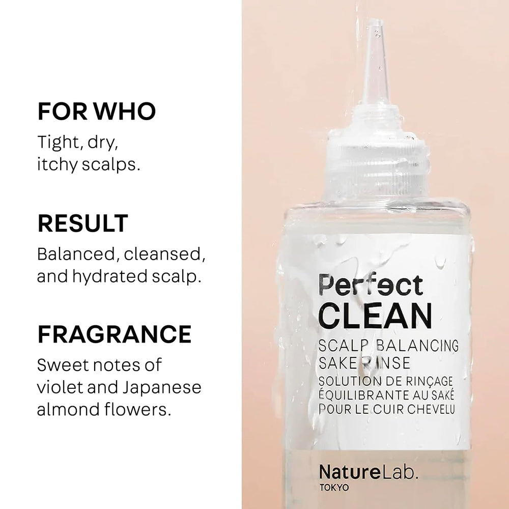 NatureLab.TOKYO Perfect Clean Sake Rinse being poured demonstrates gentle buildup removal.