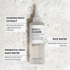 NatureLab.TOKYO Perfect Clean Sake Rinse scalp-closeup highlights rice water hydration.