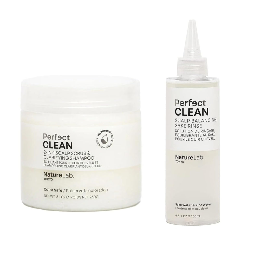 NatureLab.TOKYO Perfect Clean scalp scrub bottle pour for easy application.