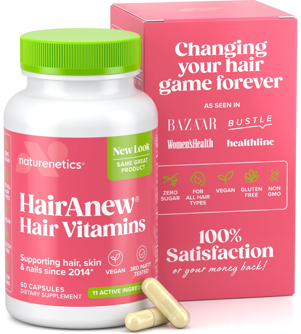 Naturenetics HairAnew bottle with vegan hair growth vitamins for thicker hair