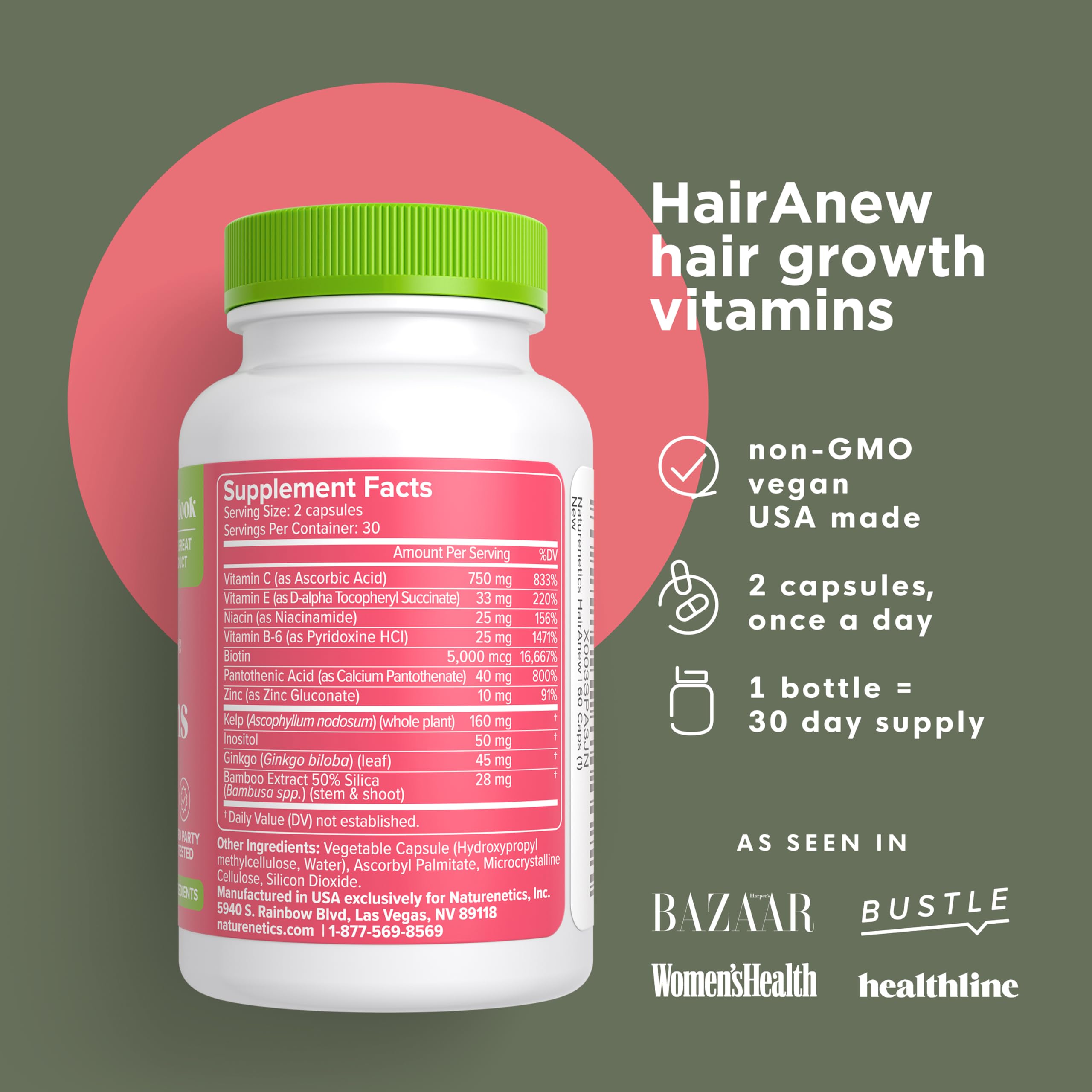 Naturenetics HairAnew ingredients panel highlighting biotin and minerals