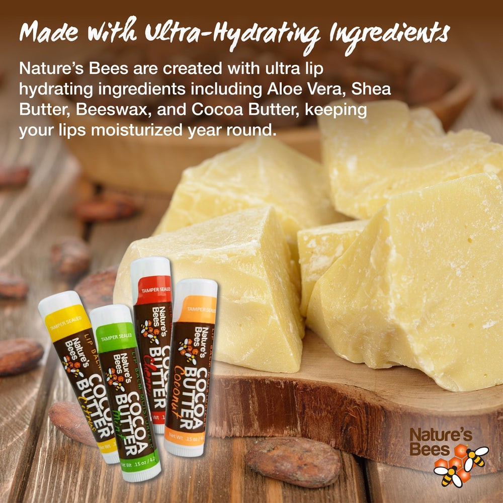 Nature's Bees Cocoa Butter Lip Balm 24-pack front view for convenient bulk lip care.