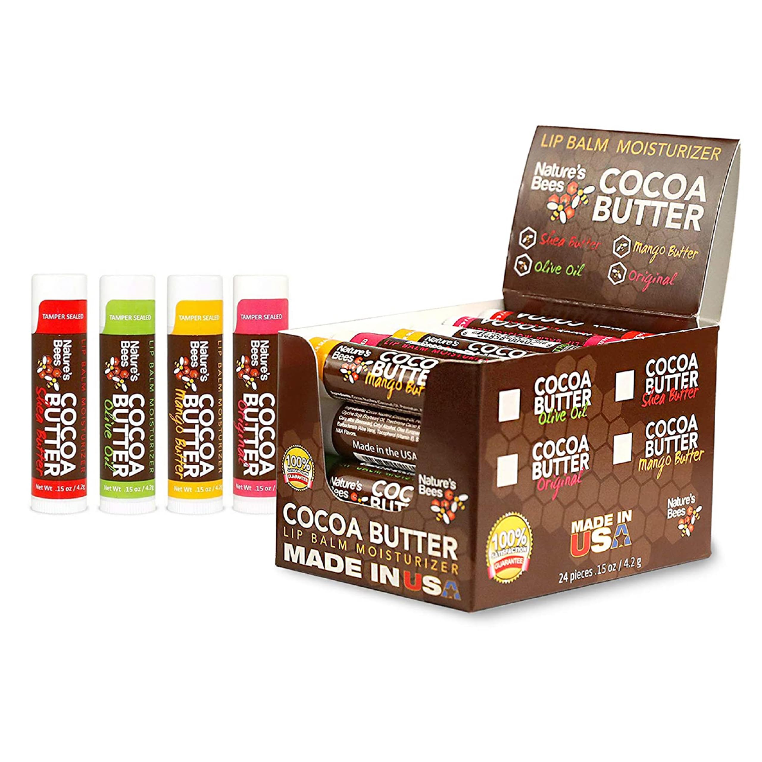 Nature's Bees Cocoa Butter Lip Balm 24-pack tubes for daily moisture and gifting.