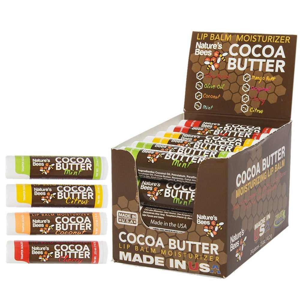 Nature's Bees Cocoa Butter Lip Balm citrus tube provides long-lasting moisture.