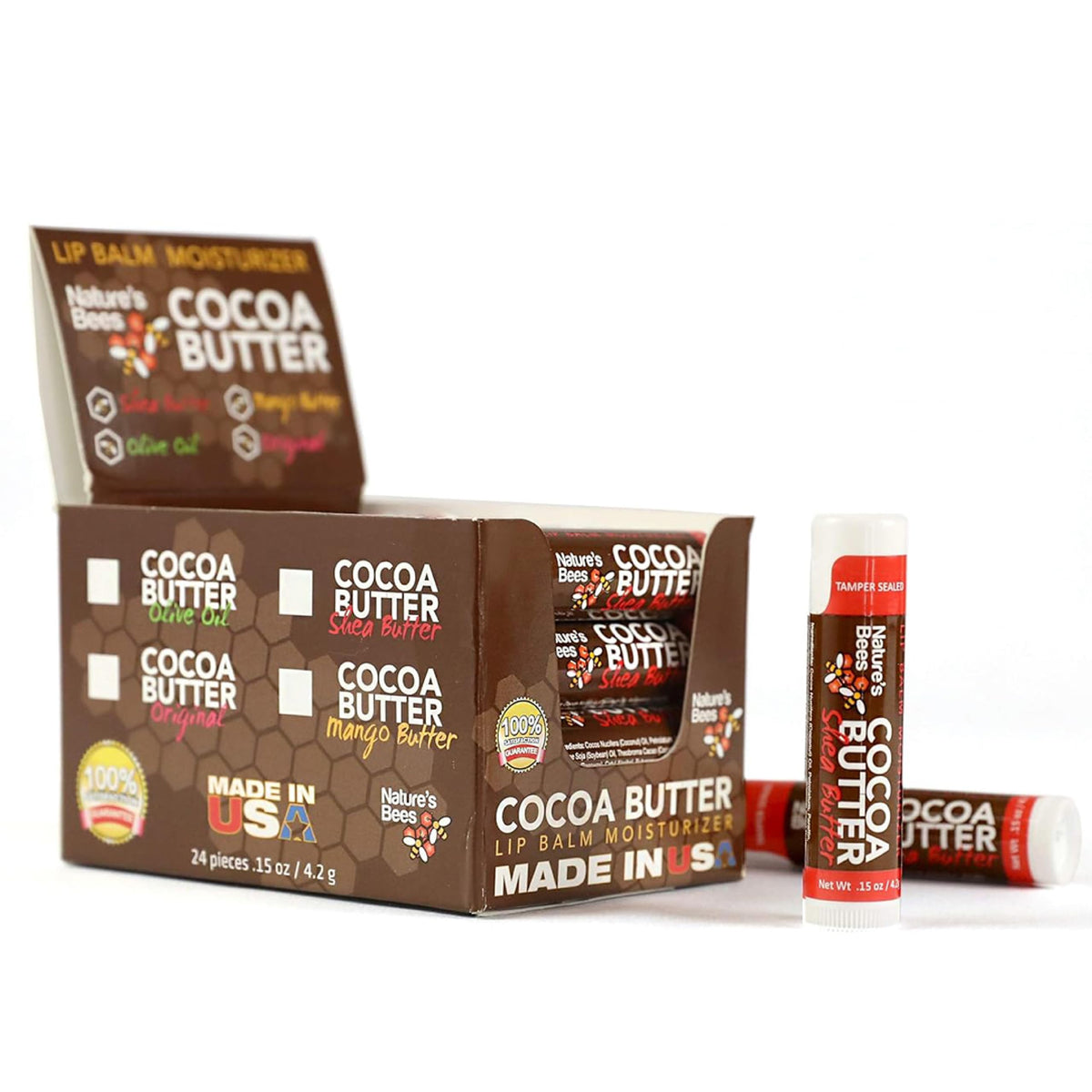 Nature’s Bees Cocoa Butter lip balm tubes in a 24-pack for long-lasting moisture
