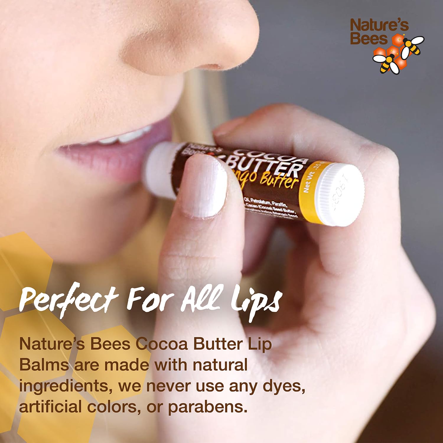Nature's Bees lip balm shea butter flavor tube with rich moisture.