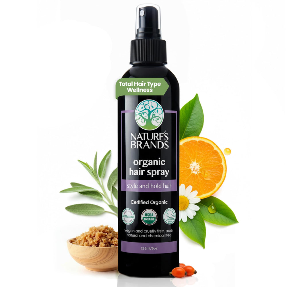 Nature's Brands Organic Hair Spray bottle shows chemical-free, long-lasting hold.