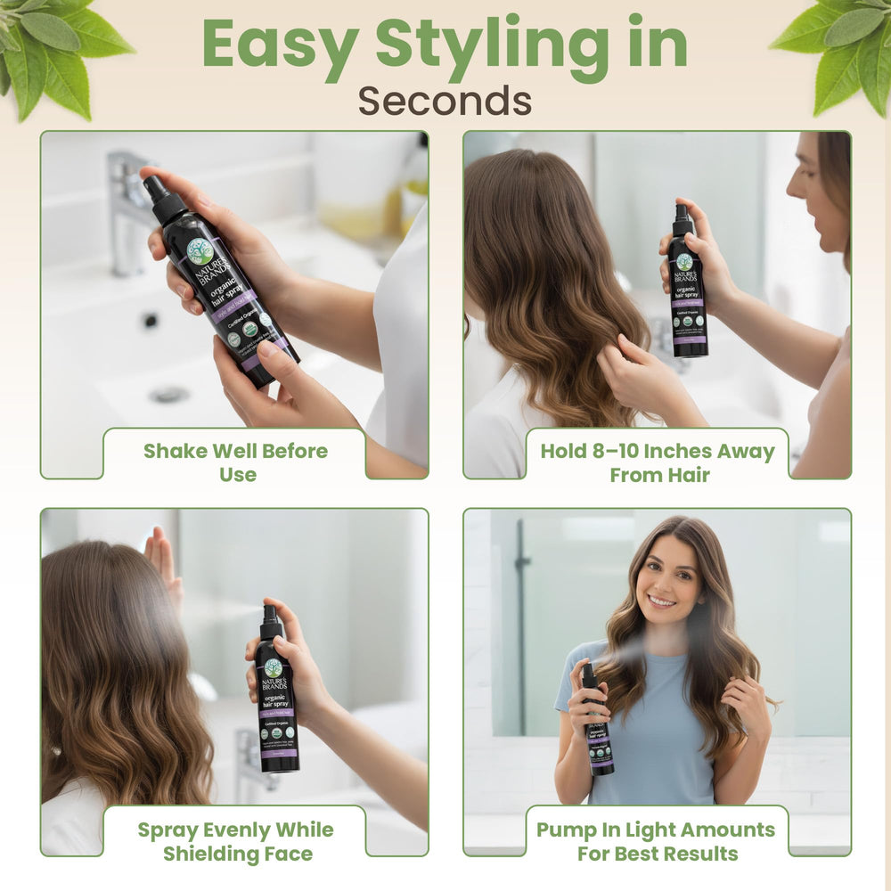 Nature's Brands Organic Hair Spray green-tea-sage-geranium aroma offers a refreshing herbal scent.