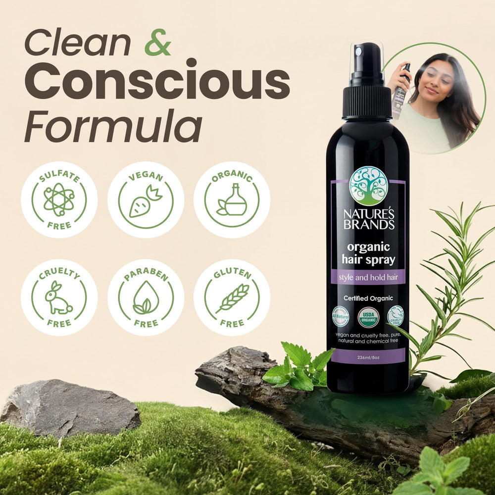 Nature's Brands Organic Hair Spray shine boosts glossy, healthy-looking hair.