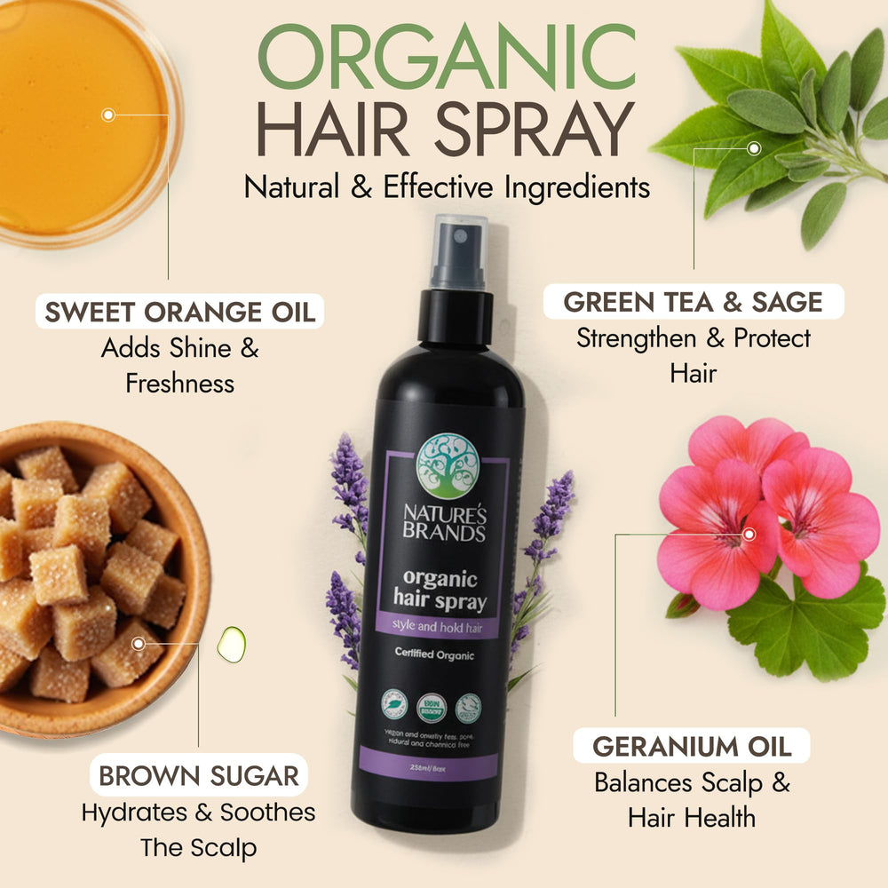 Nature's Brands Organic Hair Spray mist enables easy application and flexible hold.