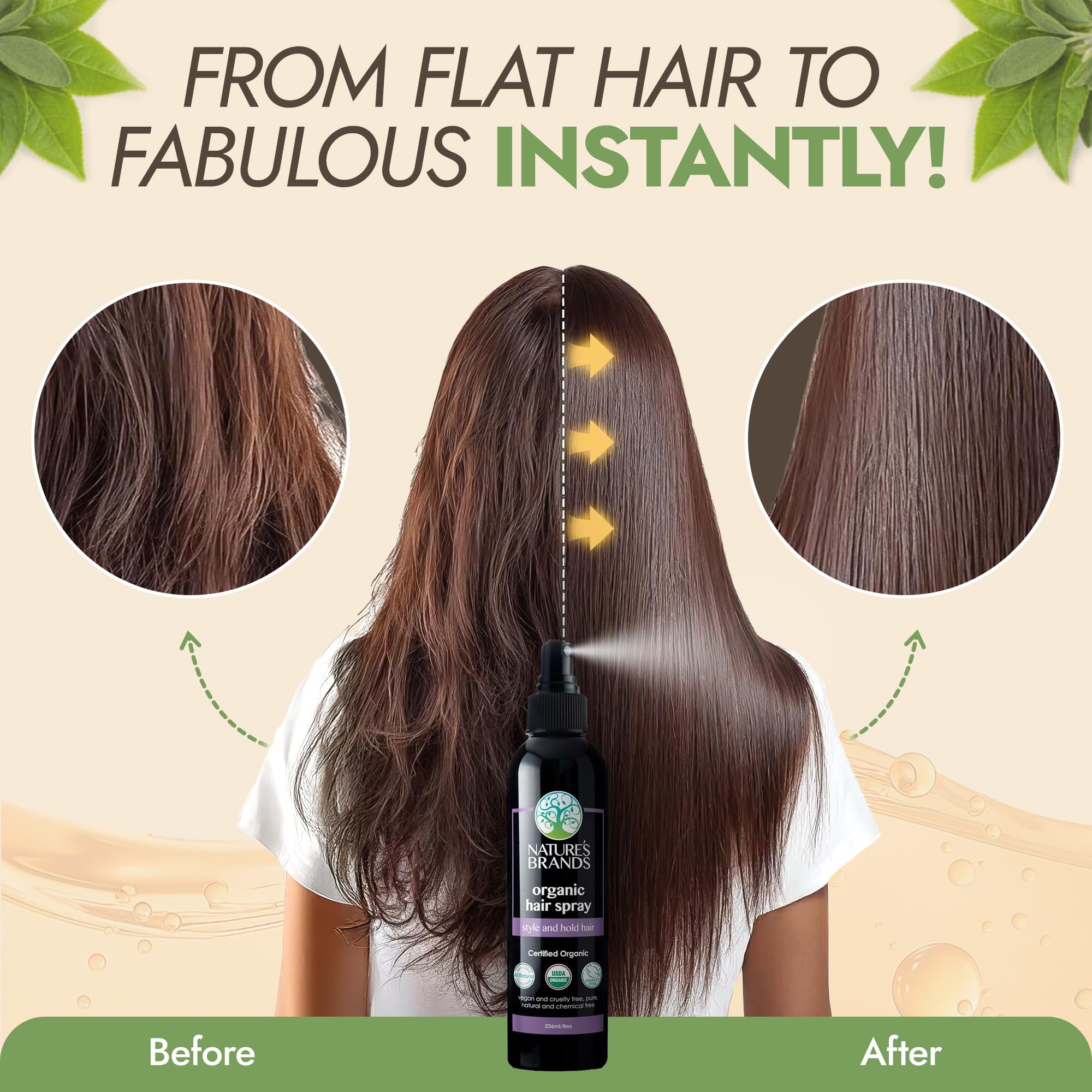 Nature's Brands Organic Hair Spray volume-boost adds body for fuller styles.