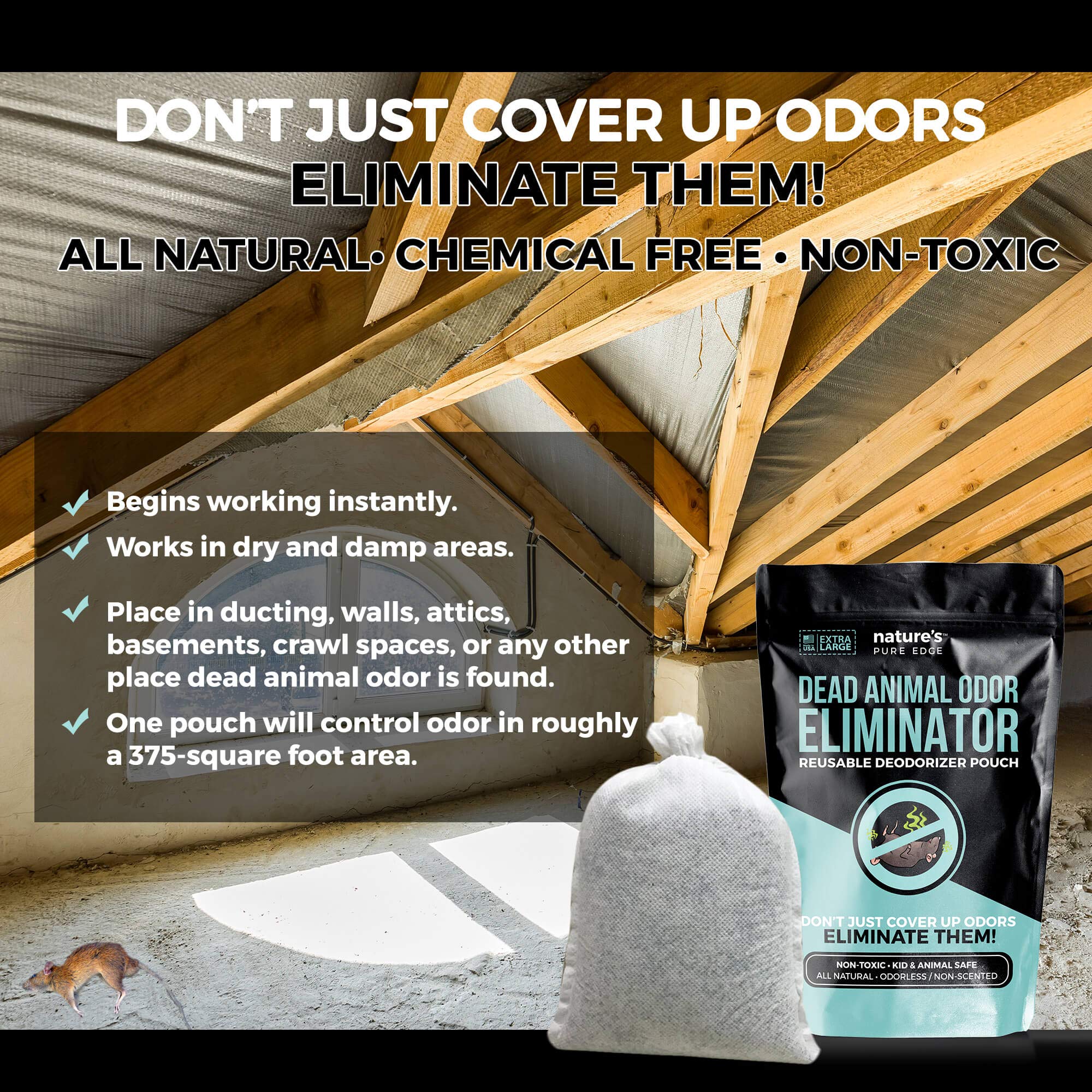 Nature's Pure Edge pouch in damp area shows instant odor control