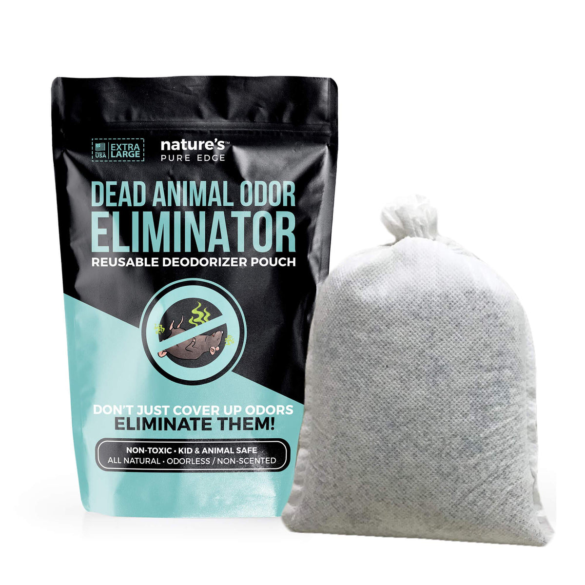 Nature's Pure Edge pouch front view shows fragrance-free odor control for safe home use
