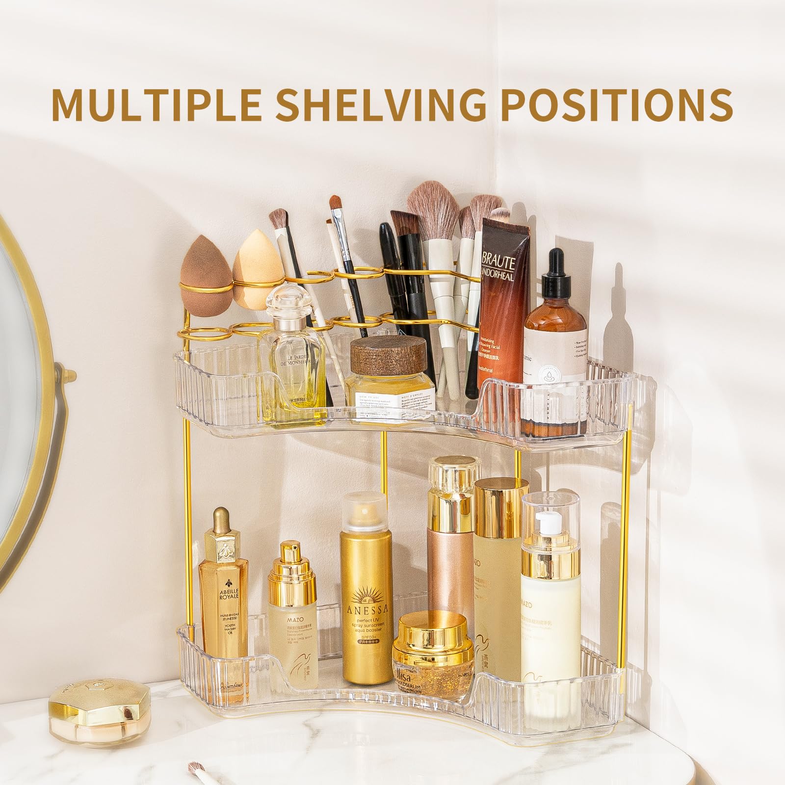 Nature's Source dresser-counter display enhances vanity organization while looking decorative.