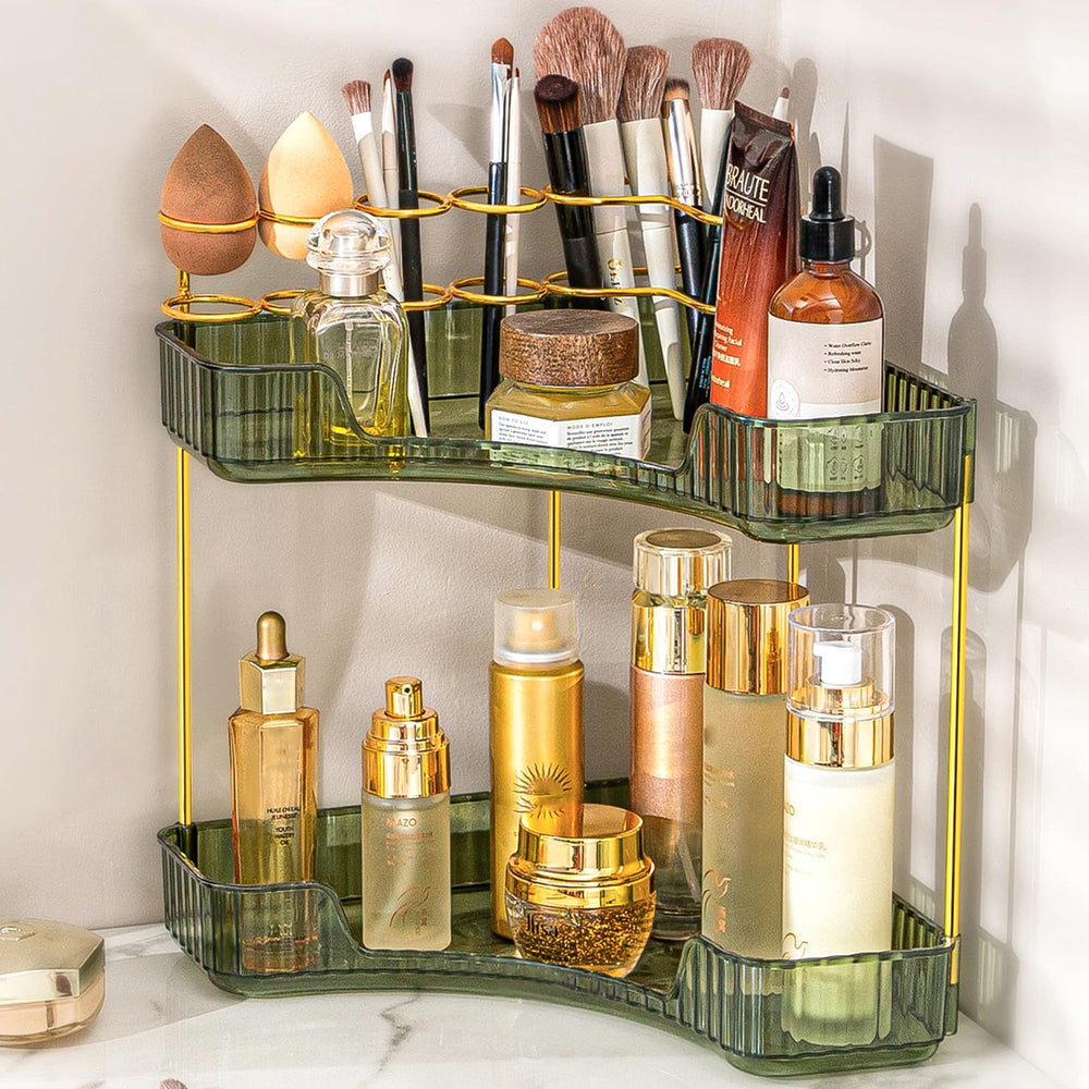 Nature's Source makeup organizer corner green saves countertop space for a neater vanity.