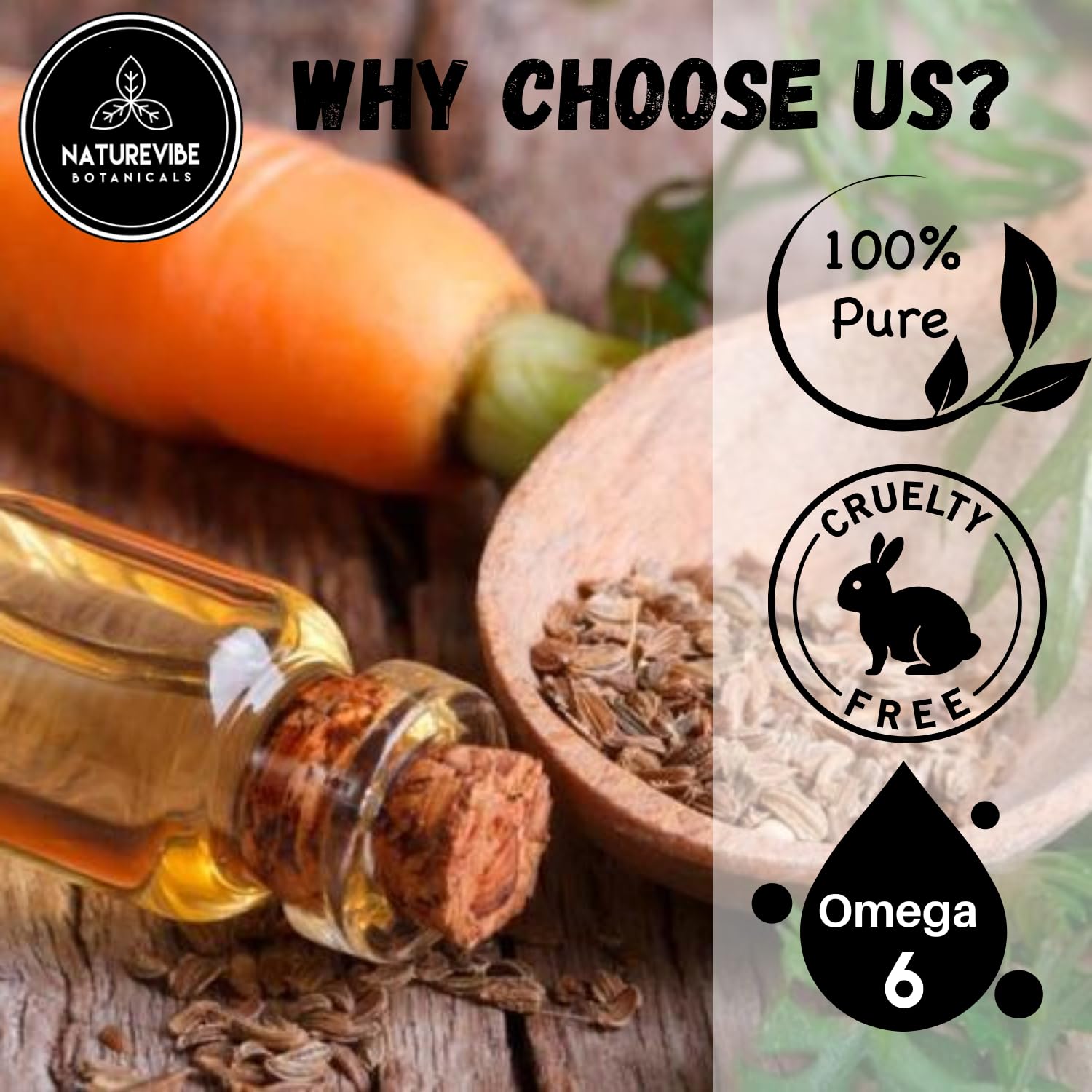 Naturevibe Botanicals carrot oil packaging label highlighting pure ingredients for skincare