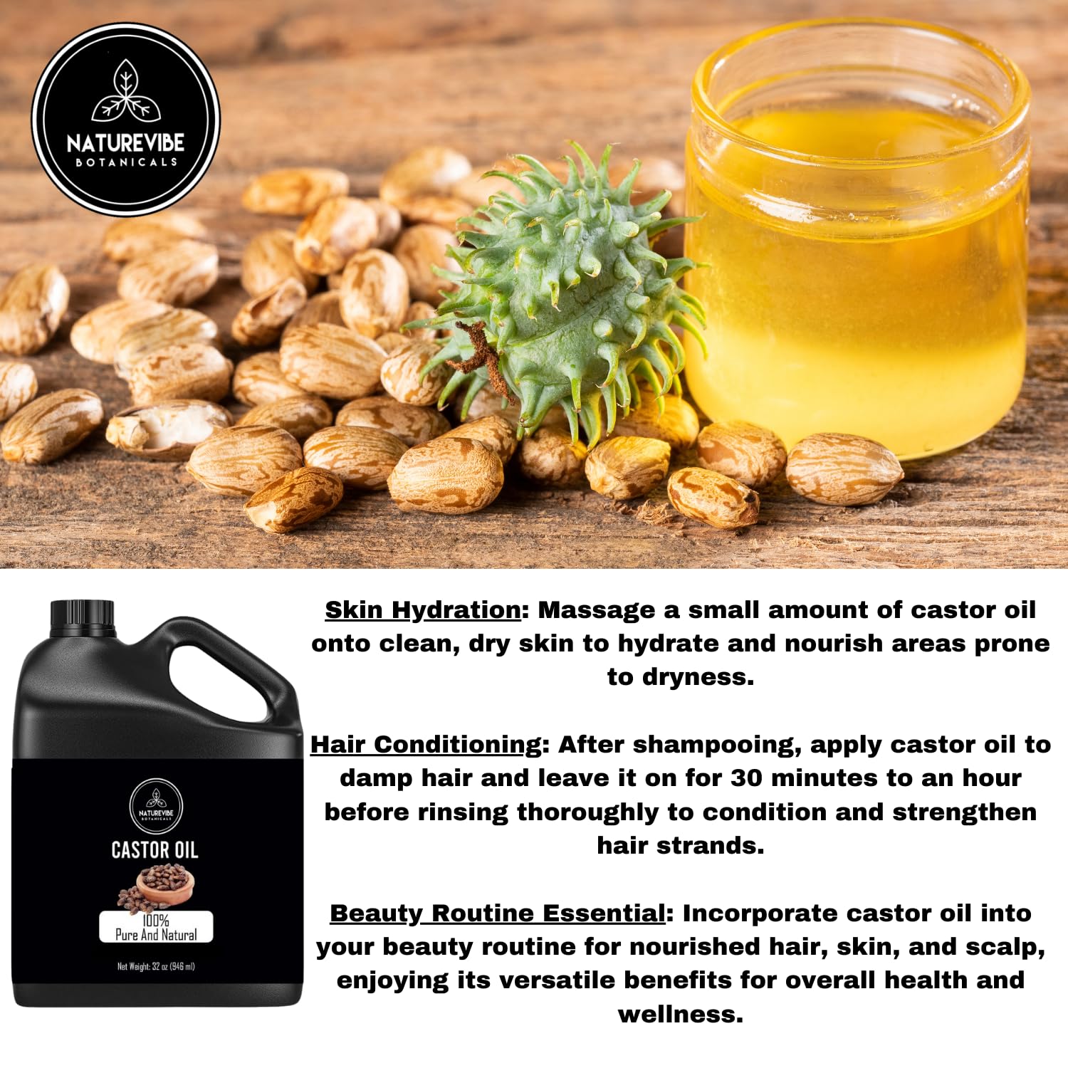 Naturevibe Botanicals Castor Oil used in hair care routines at home