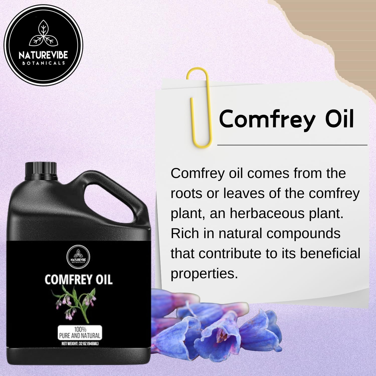 Naturevibe Botanicals comfrey oil texture pour shows smooth, light golden sheen