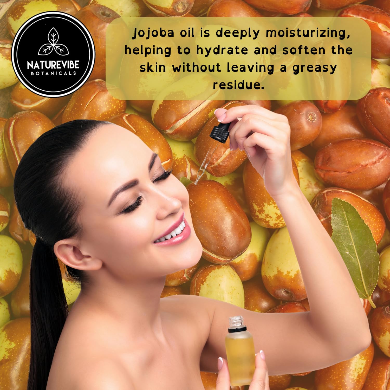 Naturevibe Botanicals Golden Jojoba Oil label detail highlighting purity and cold-pressed method.