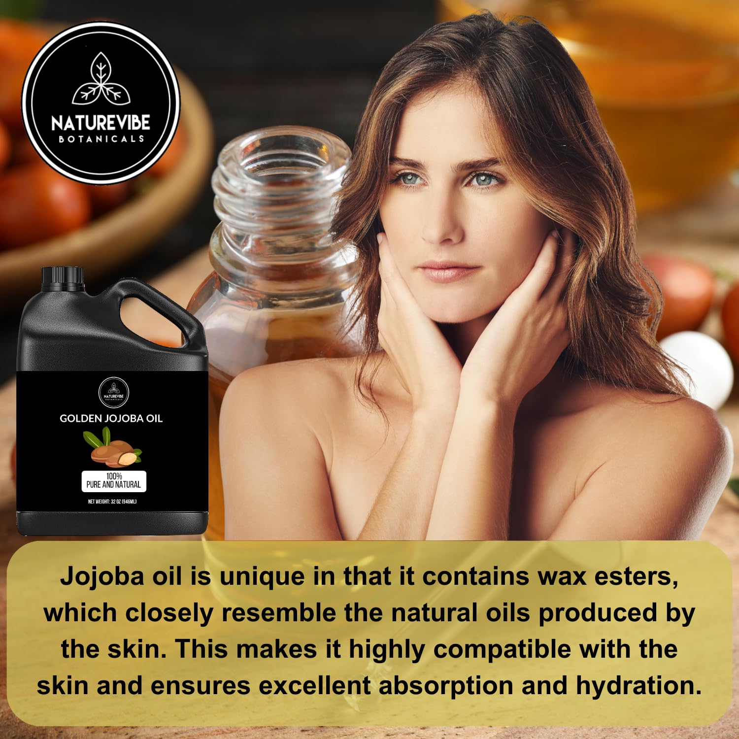 Naturevibe Botanicals Golden Jojoba Oil on skin and hair uses for daily care.