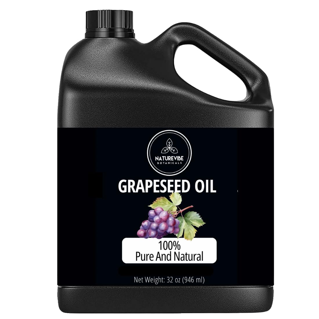 Naturevibe Botanicals grapeseed oil bottle shows 32oz packaging for daily hydration