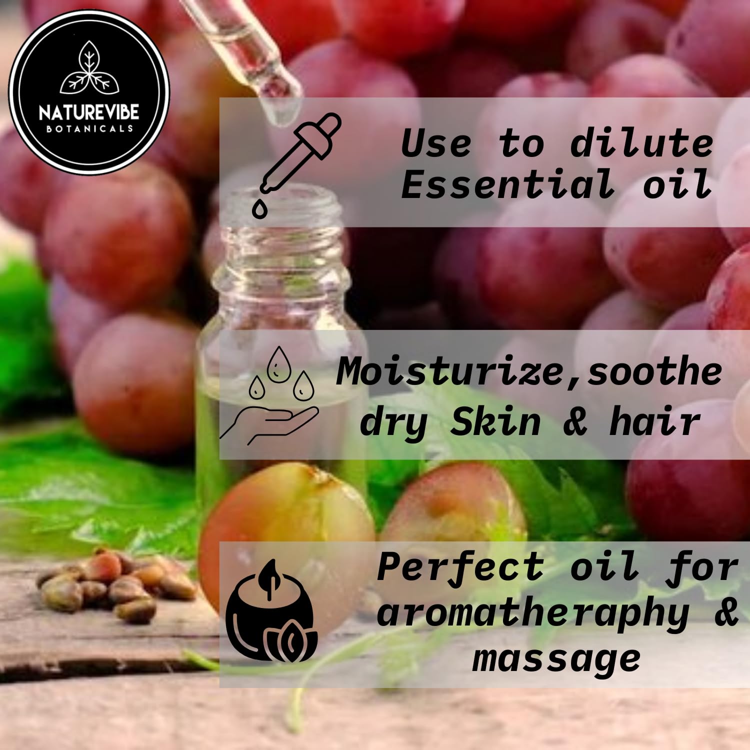 Naturevibe Botanicals grapeseed oil label highlights hexane-free and cruelty-free quality