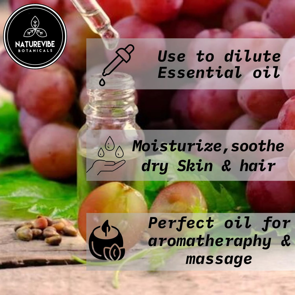 Naturevibe Botanicals grapeseed oil label highlights hexane-free and cruelty-free quality