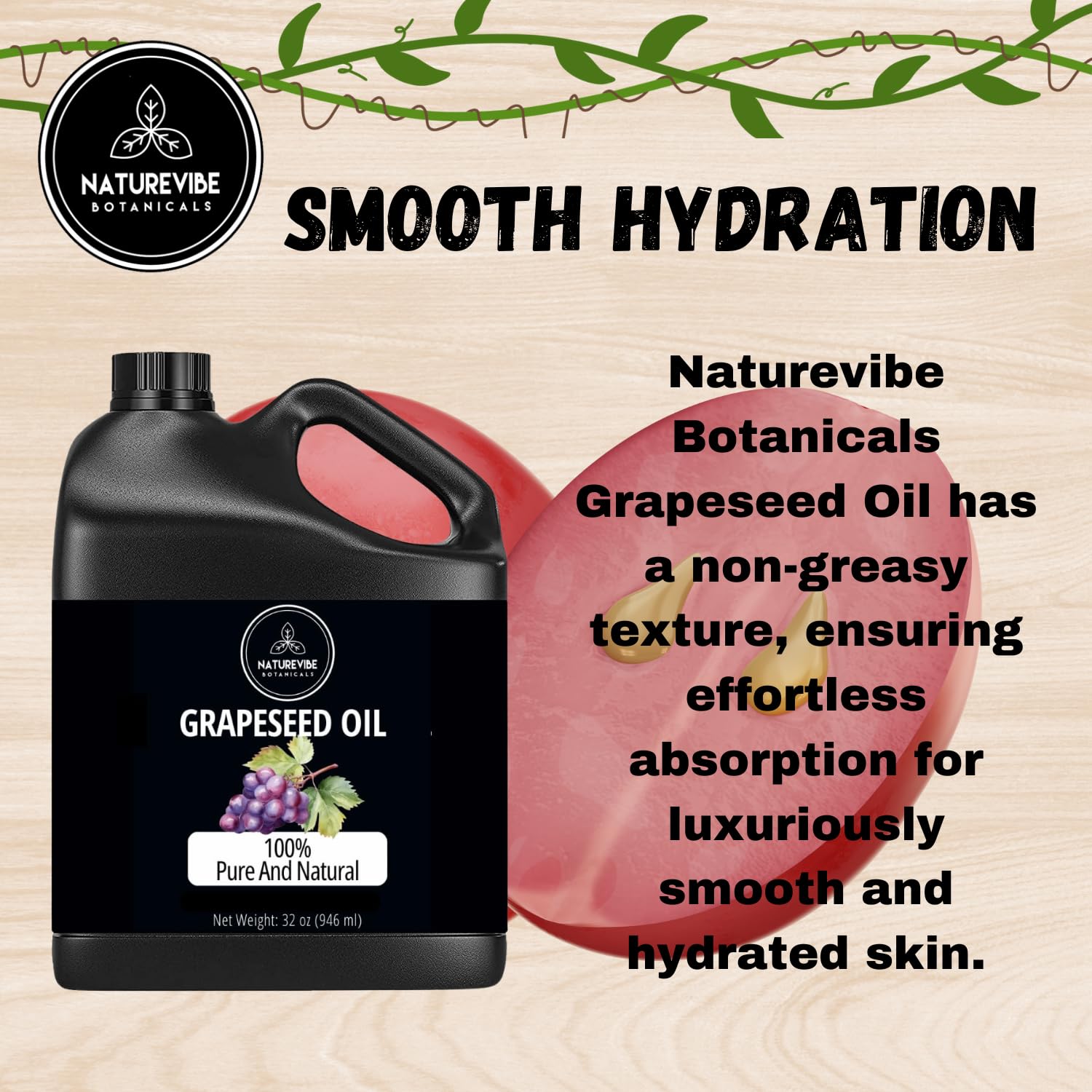 Naturevibe Botanicals grapeseed oil for hair use gives smooth hydration