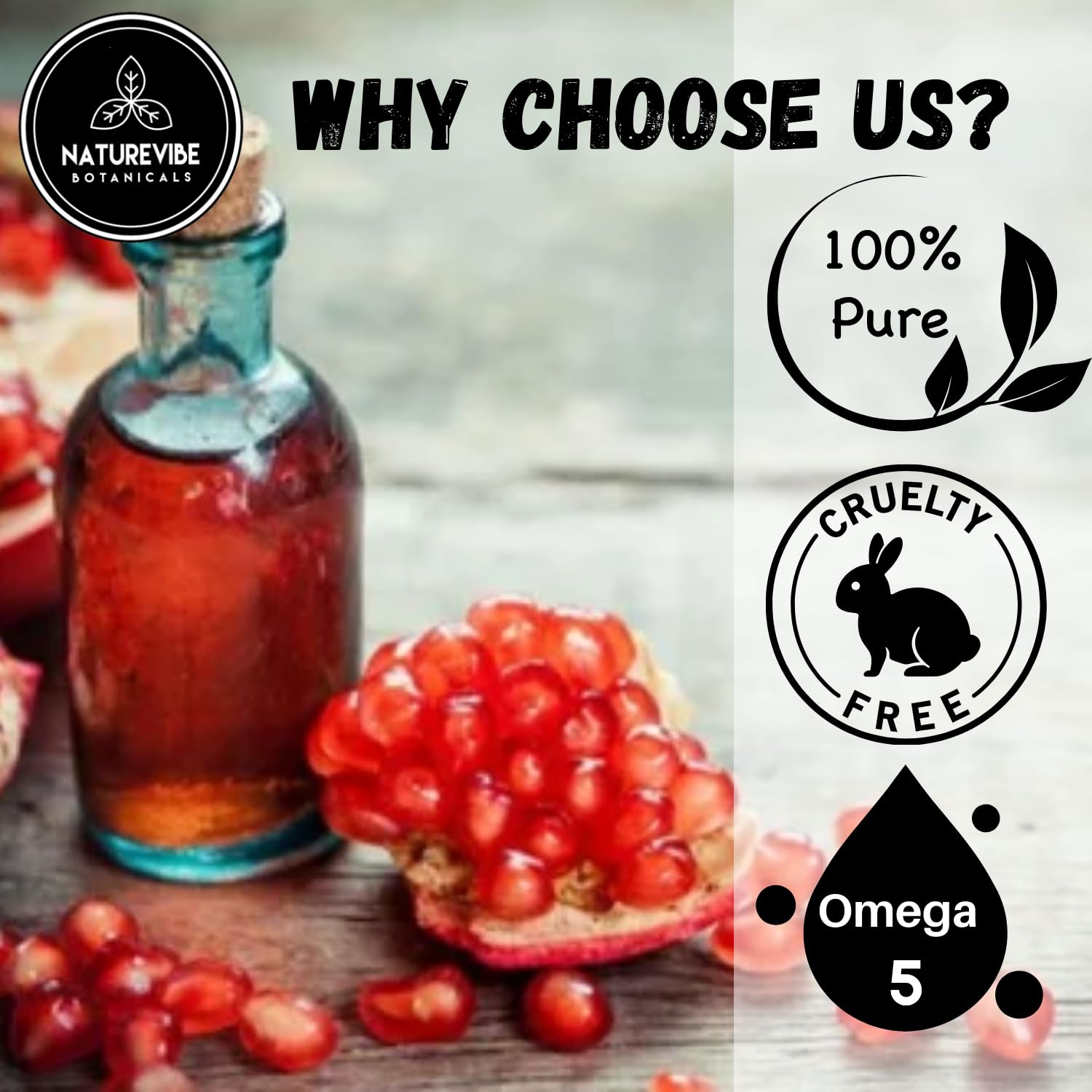 Naturevibe Botanicals Pomegranate Oil hair care application suggests conditioning for ends.
