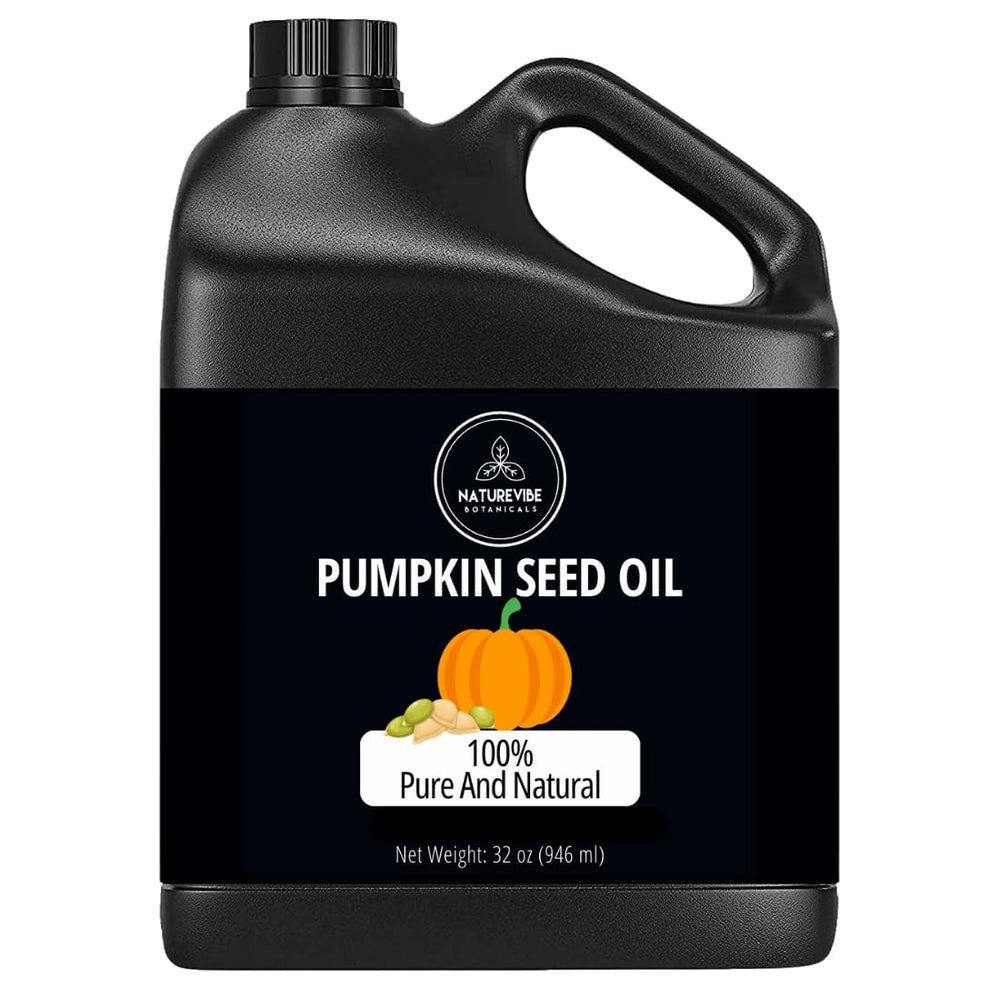 Naturevibe Botanicals Pumpkin Seed Oil bottle front shows pure skin nourishment.