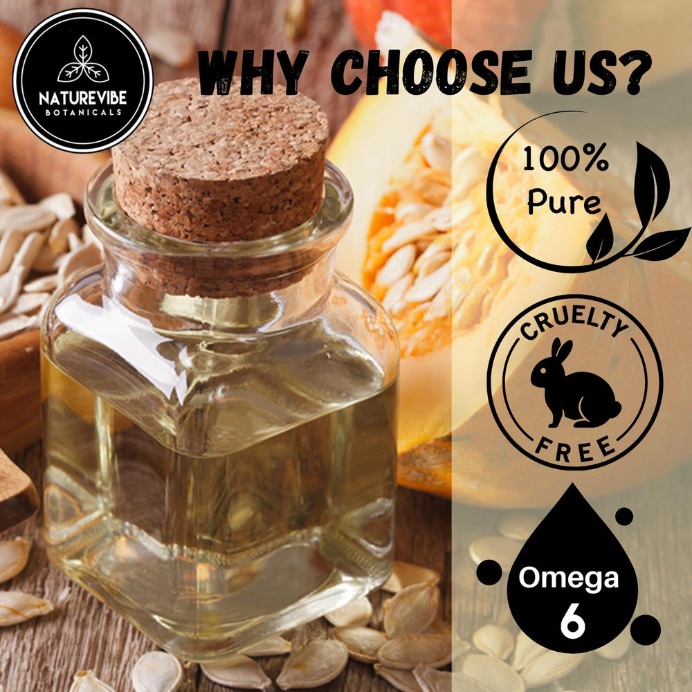Naturevibe Botanicals Pumpkin Seed Oil bottle packaging supports a healthy lifestyle.