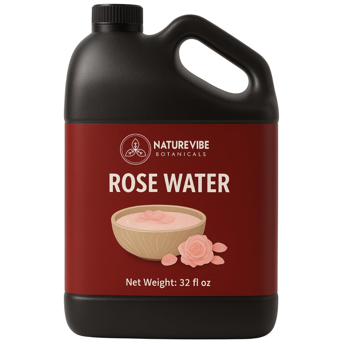Naturevibe Botanicals rose water bottle 32 oz shown for enduring skin hydration