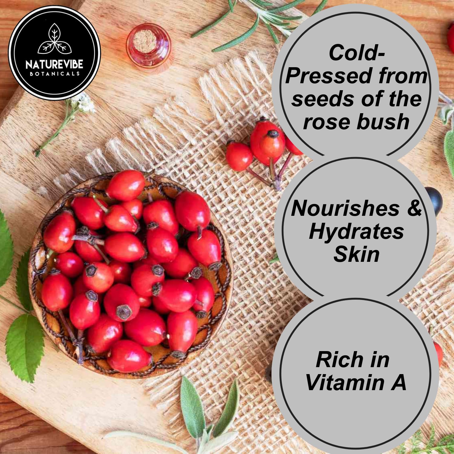 Naturevibe Botanicals Rosehip Oil cold-pressed bottle for hydration
